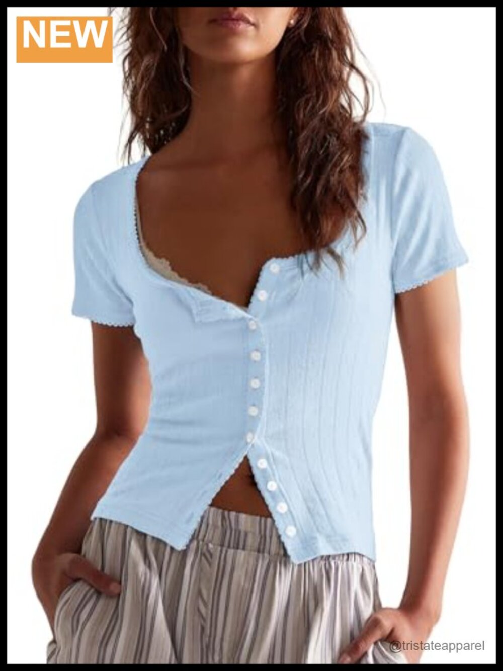 Women's Ribbed Pointelle Square Neck Button Down Short Sleeve Tee, Y2K Slim Fit